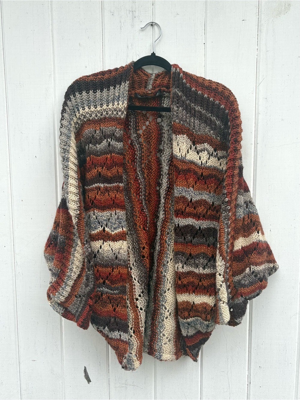 Striped Open-Front Knit Cardigan - Rust & Neutral Tones